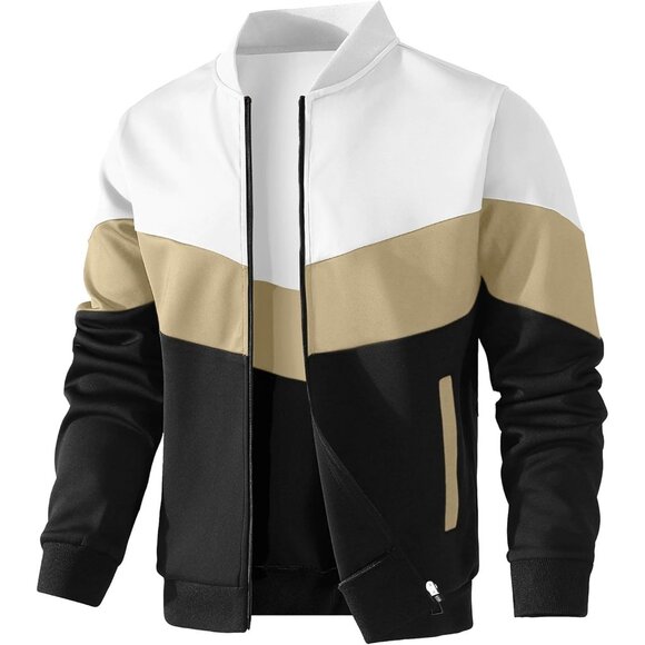 Men's White/Camel/Black Lightweight Jacket Color Block Casual Bomber Jacket - Picture 1 of 5